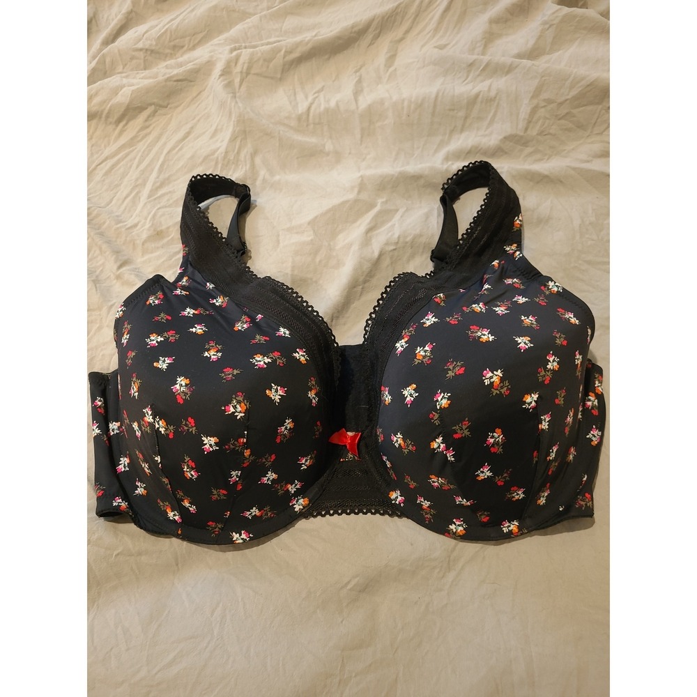 Cacique Triangle Smooth LL Bal SZ 40F Bra Black floral print underwire lace trim